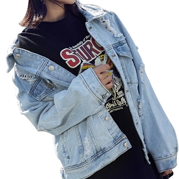 JUDYBRIDAL Oversize Distressed Denim Jacket Sz L NEW MFRP $45 - Picture 3 of 8